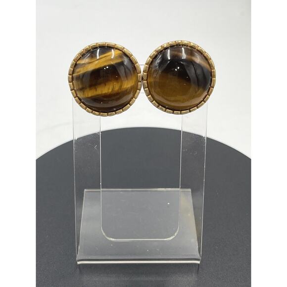 ANN TAYLOR Vintage Gold Tone Glass Tiger Eye Designer Cabochon Clip Earrings - Picture 1 of 10